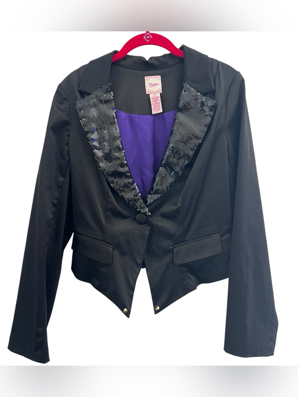 Candie’s Black Sequin Tuxedo Blazer Jacket Women’s XL Purple Lined Party Formal